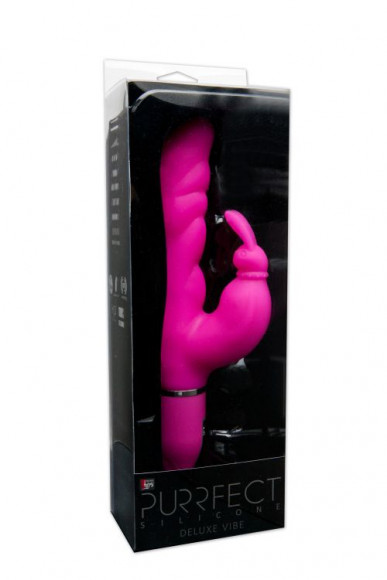 Розовый вибратор с клиторальным зайчиком PURRFECT SILICONE DELUXE DUO VIBE PINK - 18 см.