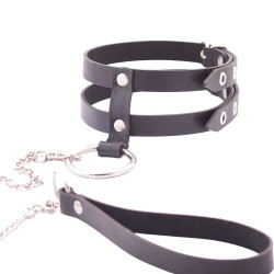 Черный однослойный ошейник из двух ремешков с поводком Черный однослойный ошейник из двух ремешков с поводком