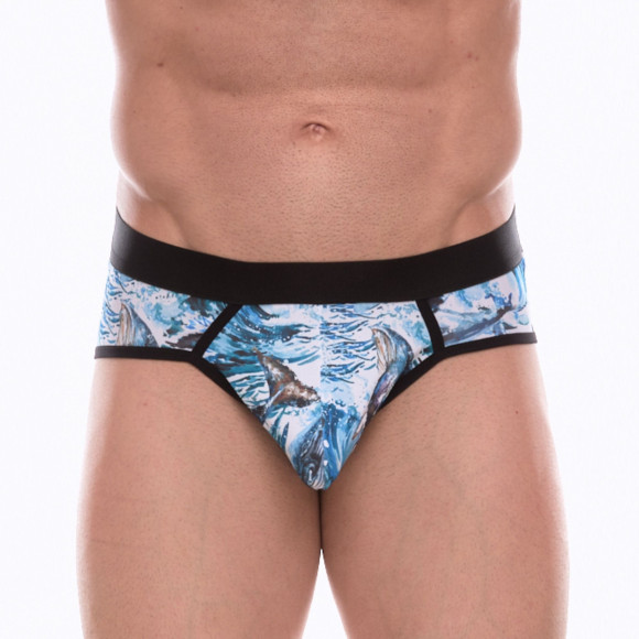 Мужские трусы-стринги с принтом в виде китов в волнах Мужские трусы-стринги с принтом в виде китов в волнах
