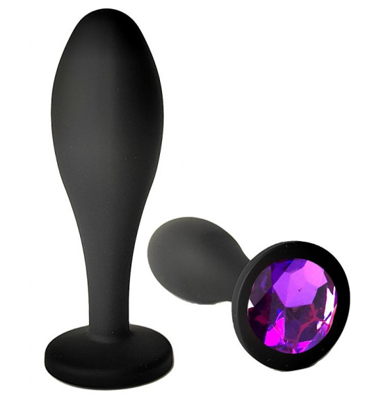 Черная анальная пробка с фиолетовым кристаллом - 9,5 см.