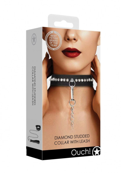 Черный ошейник с поводком Diamond Studded Collar With Leash Черный ошейник с поводком Diamond Studded Collar With Leash