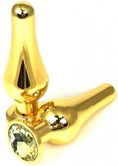 Золотистая удлиненная анальная пробка с желтым кристаллом - 8 см.