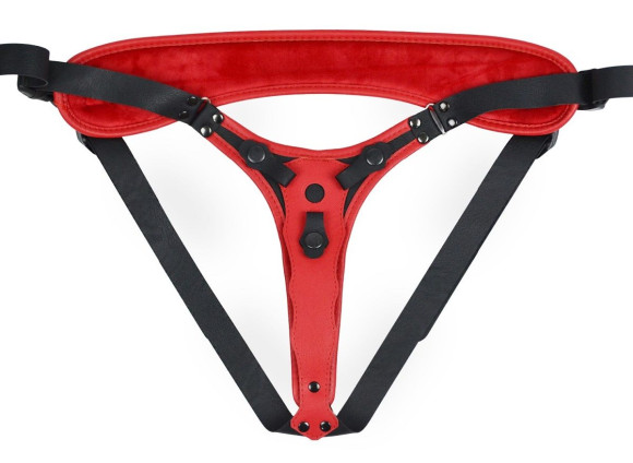 Красно-черный женский пояс с 2 способами крепления насадок и вагинальной пробкой Красно-черный женский пояс с 2 способами крепления насадок и вагинальной пробкой