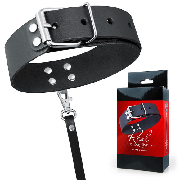 Черный кожаный ошейник с ремешком Черный кожаный ошейник с ремешком