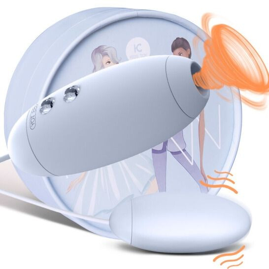 Нежно-голубое виброяйцо с вакуум-волновым пультом Kiss Toy Miss VV