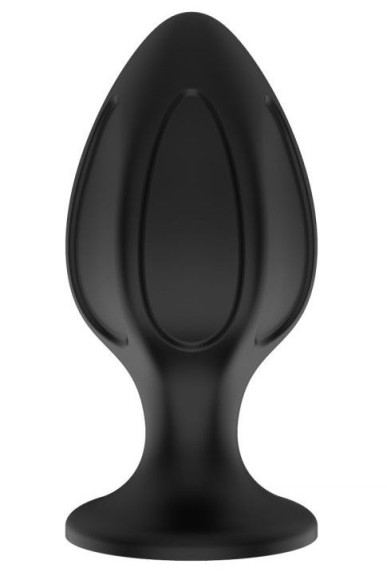 Черная средняя силиконовая анальная пробка с вертикальными бороздками Черная средняя силиконовая анальная пробка с вертикальными бороздками