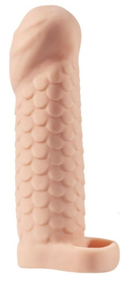 Телесная рельефная насадка-удлинитель KLEON с подхватом - 15 см. Телесная рельефная насадка-удлинитель KLEON с подхватом - 15 см.
