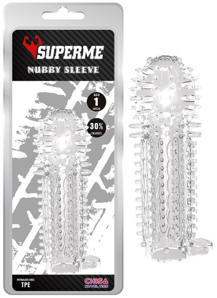 Закрытая прозрачная насадка на пенис с шипиками Nubby Sleeve - 14,5 см. Закрытая прозрачная насадка на пенис с шипиками Nubby Sleeve - 14,5 см.