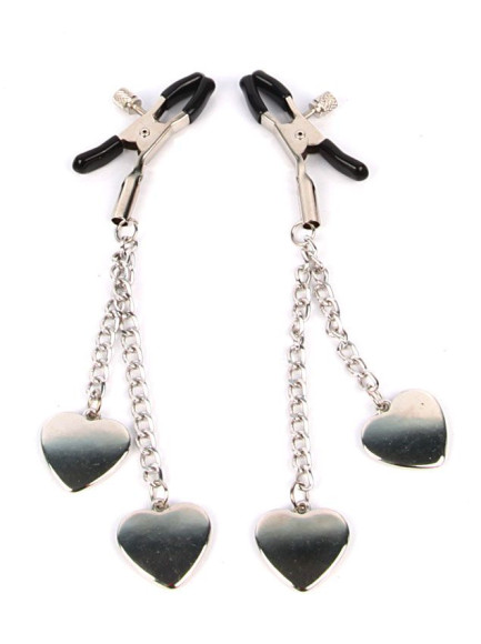 Серебристо-черные зажимы на соски с декором в виде сердечек Серебристо-черные зажимы на соски с декором в виде сердечек