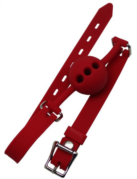 Красный дышащий силиконовый кляп-шарик с фиксацией и замочком