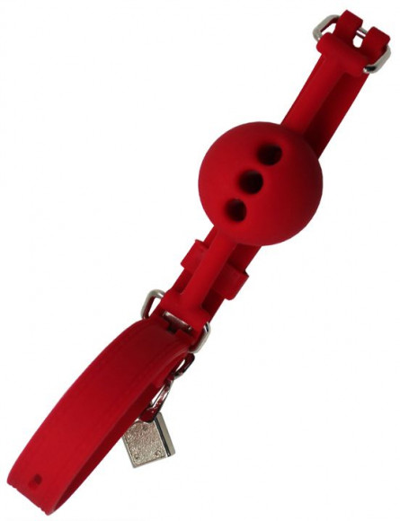 Красный дышащий силиконовый кляп-шарик с фиксацией и замочком