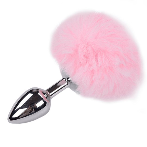 Серебристая анальная втулка с розовым хвостиком Alive Metal Anal Fluffly Plug S