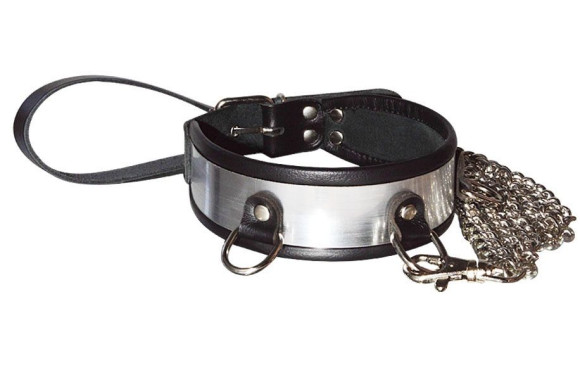 Стильный ошейник с металлическим блеском и поводком Стильный ошейник с металлическим блеском и поводком