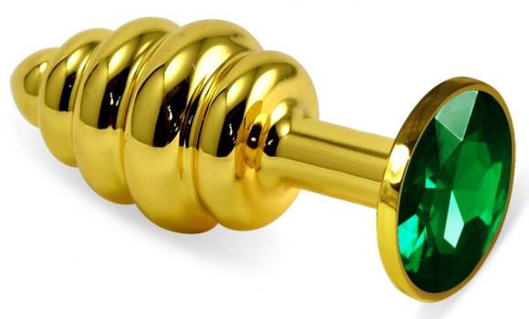 Золотистая ребристая анальная пробка с зеленым кристаллом - 7,5 см. 