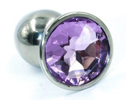 Серебристая малая анальная пробка с сиреневым кристаллом - 7 см.