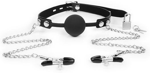 Черный кляп-шарик с зажимами на соски на металлической цепочке Черный кляп-шарик с зажимами на соски на металлической цепочке