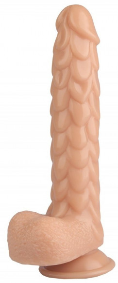 Телесный реалистичный фаллоимитатор с чешуйками на присоске - 24 см.