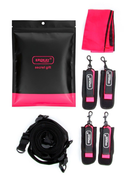 Черно-розовый эротический набор: фиксатор, оковы, наручники, повязка Черно-розовый эротический набор: фиксатор, оковы, наручники, повязка