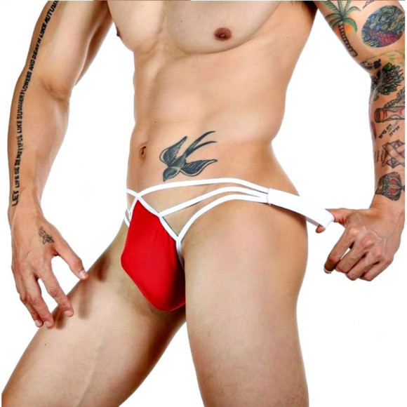 Красные сексуальные трусы-стринги на тонких белых бретелях Красные сексуальные трусы-стринги на тонких белых бретелях