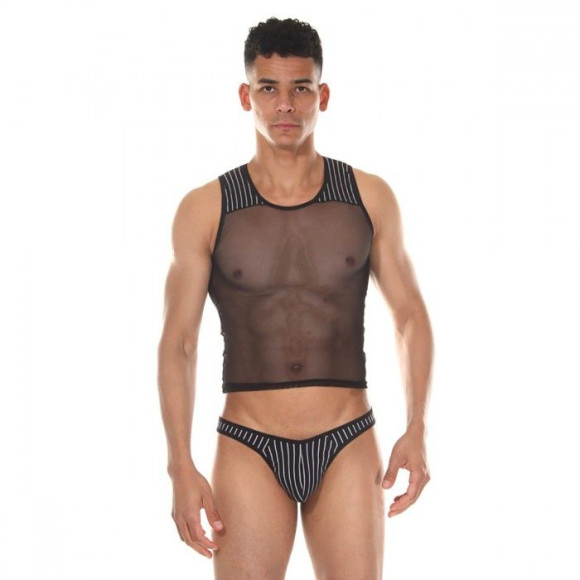 Мужской комплект: короткая майка и трусы-тонги в полоску Мужской комплект: короткая майка и трусы-тонги в полоску