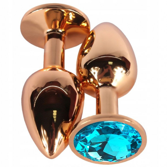 Золотистая гладкая анальная пробка с голубым кристаллом - 6,8 см.