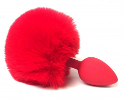 Красная анальная пробка размера S с пушистым хвостиком зайки
