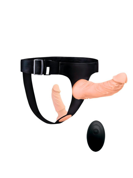 Женский страпон с 2 насадками, вибрацией и пультом ДУ Женский страпон с 2 насадками, вибрацией и пультом ДУ