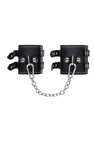 Черные кожаные оковы с двумя ремнями и красной подкладкой Черные кожаные оковы с двумя ремнями и красной подкладкой