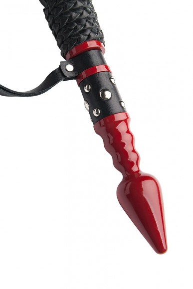 Кожаный флоггер с красной точеной ручкой - 60 см.