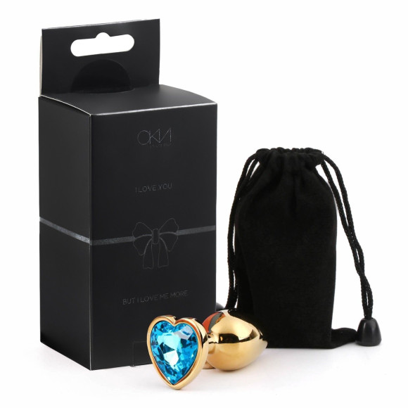 Золотистая анальная пробка с голубым кристаллом в форме сердца - 7 см. Золотистая анальная пробка с голубым кристаллом в форме сердца - 7 см.