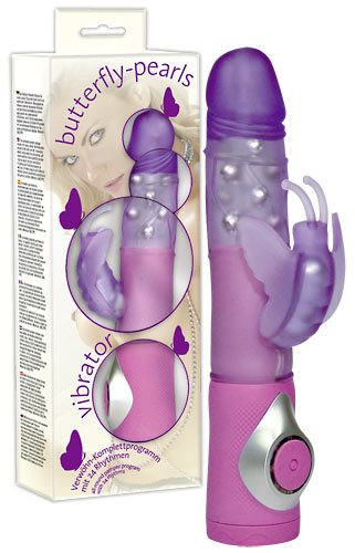 Фиолетовый вибратор Butterfly Pearls Vibrator с клиторальной бабочкой - 23,5 см.