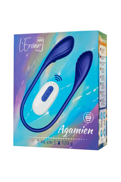 Синий двусторонний вибратор Agamien с управлением через приложение - 46 см.