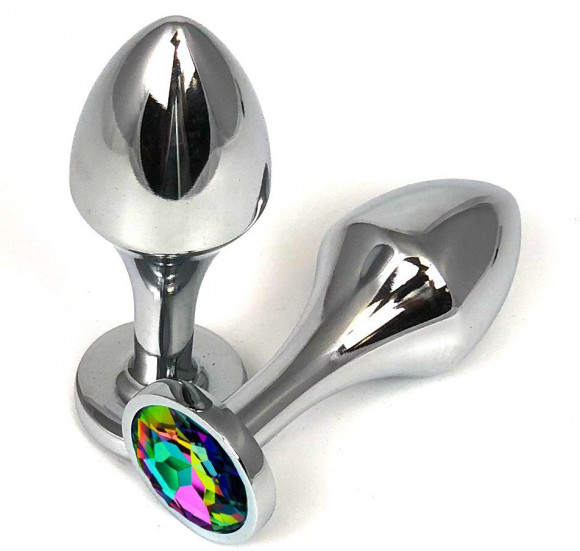 Серебристая анальная пробка на удлиненной ножке с радужным кристаллом - 9,5 см.