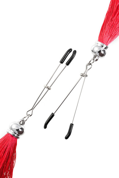 Зажимы на соски «Вилки» с красными кисточками из шелка Зажимы на соски «Вилки» с красными кисточками из шелка