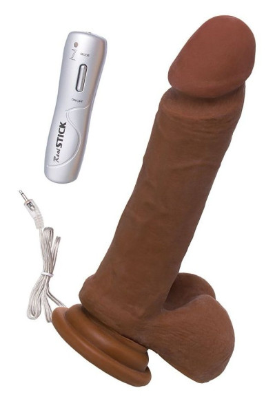 Коричневый вибратор-реалистик на присоске с пультом ДУ - 21 см. Коричневый вибратор-реалистик на присоске с пультом ДУ - 21 см.