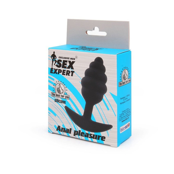 Черная ребристая анальная втулка с ограничителем - 9 см. Черная ребристая анальная втулка с ограничителем - 9 см.