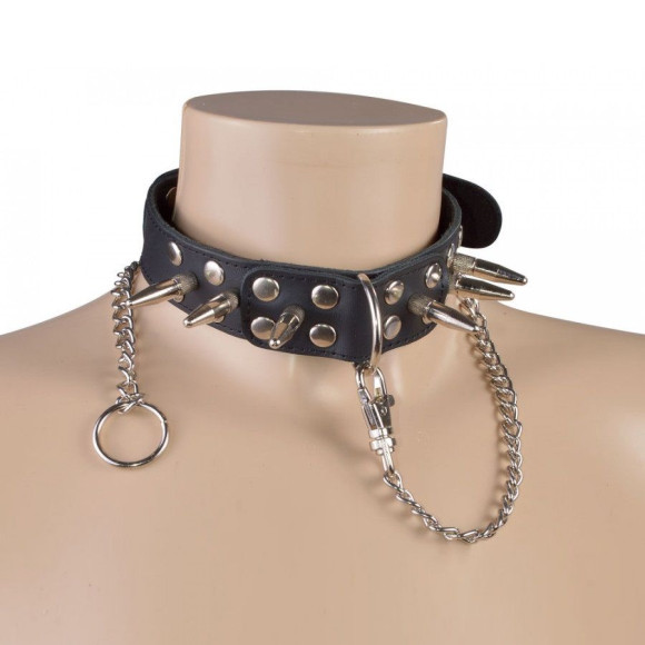 Чёрный кожаный ошейник с шипами и велюровой подкладкой Чёрный кожаный ошейник с шипами и велюровой подкладкой