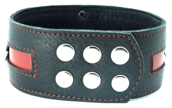 Чёрный кожаный ошейник с красной полосой и кольцами Чёрный кожаный ошейник с красной полосой и кольцами