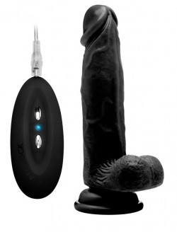 Чёрный вибратор-реалистик Vibrating Realistic Cock 8  With Scrotum - 20 см.