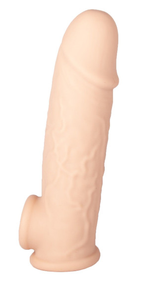 Телесная удлиняющая насадка с отверстием для мошонки - 18,5 см. Телесная удлиняющая насадка с отверстием для мошонки - 18,5 см.