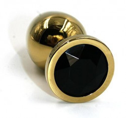 Золотистая алюминиевая анальная пробка с чёрным кристаллом - 7 см.