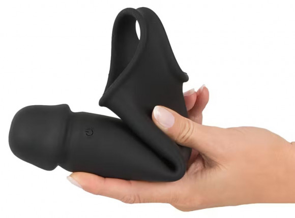 Черная вибронасадка для пениса с хомутом для мошонки и пультом ДУ Remote Controlled Penis Extension