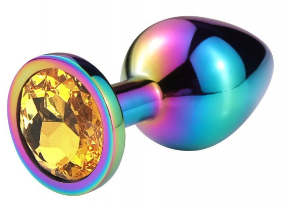 Разноцветная гладкая анальная пробка с оранжевым кристаллом - 6,8 см. 