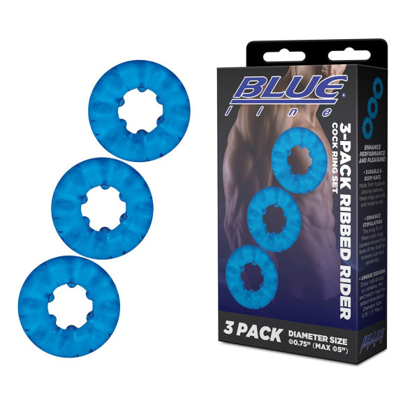Комплект из трех голубых эрекционных колец 3-Pack Ribbed Rider Cock Ring Set Комплект из трех голубых эрекционных колец 3-Pack Ribbed Rider Cock Ring Set