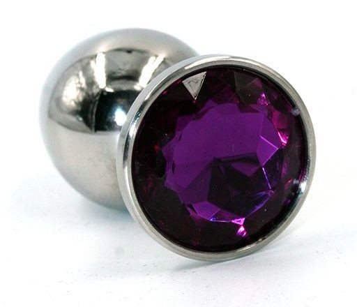 Серебристая средняя анальная пробка с фиолетовым кристаллом - 8 см.