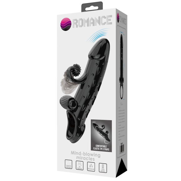 Черная вибронасадка на пенис с подхватом мошонки - 20 см.