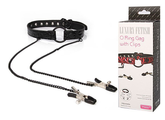 Черный кляп-кольцо с зажимами на соски O Ring Gag With Clips Черный кляп-кольцо с зажимами на соски O Ring Gag With Clips