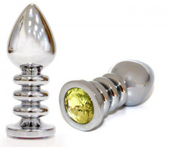 Большая серебристая анальная пробка с жёлтым кристаллом - 10 см.