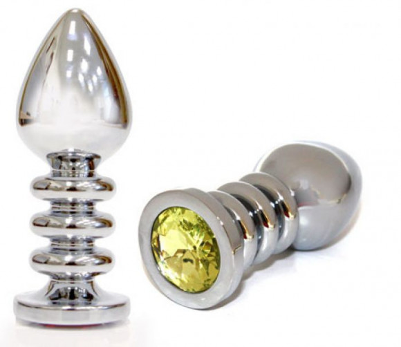 Большая серебристая анальная пробка с жёлтым кристаллом - 10 см.