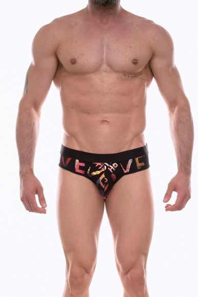 Черные трусы-брифы с блестящим принтом в виде надписей и губ Черные трусы-брифы с блестящим принтом в виде надписей и губ